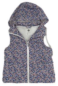 Bílo-modro-červená květovaná šusťáková zateplená vesta s kapucí 