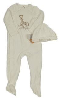 Nové - smetanový sametový overal s žirafou + čepice 