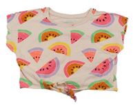 Světlerůžové crop tričko s barevnými melouny a uzlem Primark