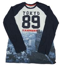 Bielo-tmavomodré tričko s městem a číslom C&A