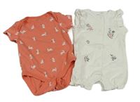 2set - Korálové body s králíčky + bílý kraťasový overal s květy 