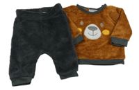 2set - Hnědá plyšová mikina s čumákem + antracitové plyšové tepláky Ergee