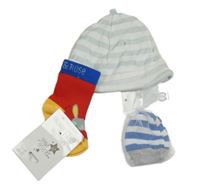 Nové - 3set - světlemodro-bílá pruhovaná čepice + červeno-modro-žluté ponožky s králíky + modro-bílé pruhované rukavice  