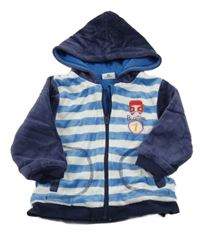 Modro-biela pruhovaná zamatová prepínaci mikina s autom a kapucňou