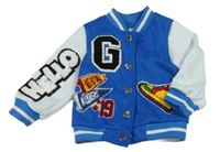 Modro-svetlomodrá semišová baseballová mikina s nášivkami Shein