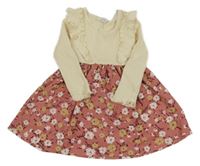 Smetanovo-ružové rebrované šaty s volánikmi a květovanou sukní