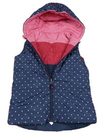 Tmavomodrá šusťáková zateplená puntíkatá oboustranná vesta s kapucí KIDS