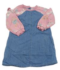 Modro-růžové riflovo/teplákové šaty s květy Next