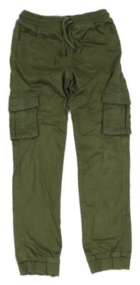 Khaki plátěné cargo cuff kalhoty s úpletovým pasem Tu