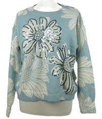 Dámský světlemodro-bílý květovaný svetr s flitry Blue Vanilla 