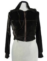 Dámská hnědá sametová propínací crop mikina s kapucí 