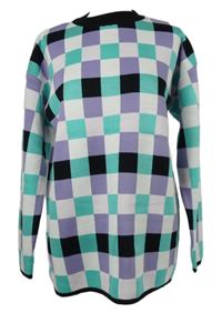 Dámský světlemodro-fialovo-bílý kostkovaný svetr 