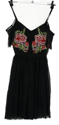 Dámské černé tylové šaty s květy a volnými rameny New Look 