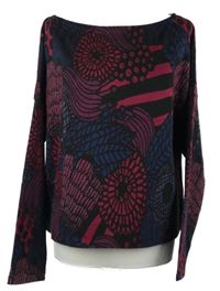 Dámský černo-růžovo-modrý vzorovaný svetr s lodičkovým výstřihem Pecos 