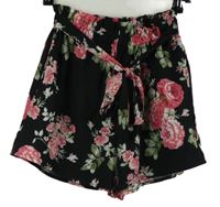Dámske čierno-ružové kvetované sukňové kraťasy s opaskom Shein