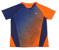Tmavomodro-oranžové športové tričko s nápisom