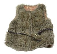 Hnědo-šedá kožešinová vesta s páskem 