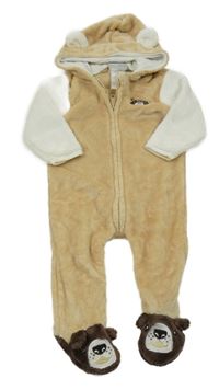 Béžovo-biela chlpatá kombinéza s medvěďom a kapucňou