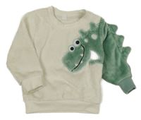 Bielo-zelená chlpatá mikina s dinosaurom