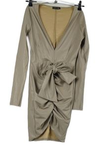 Dámské béžové potažené nařasené minišaty s mašlou