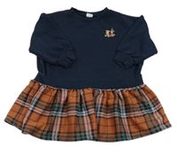 Tmavomodré teplákové šaty s medvísdkem a kostkovanou sukní Next