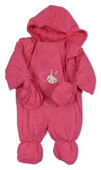 Fuchsiová šusťáková zimní kombinéza se zajícem a kapucí + rukavice 