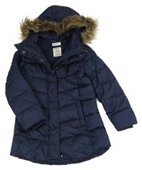 Tmavomodrý prešívaný šušťákový zimný kabát s odopínacíá kapucňou s kožešinou H&M