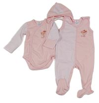 Nové - 3set - Světlerůžovo-pruhovaný overal s pejskem + body + čepice 