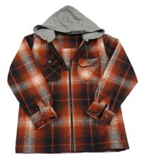 Cihlovo-černá kostkovaná košilová bunda s kapucí 