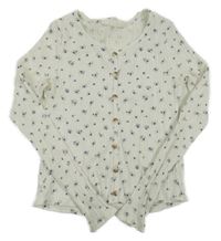 Biele rebrované kvetované crop tričko s gombíkmi H&M