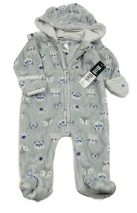 Nové - Sivá chlpatá kombinéza so zvieratkami a kapucňou Mick Mack