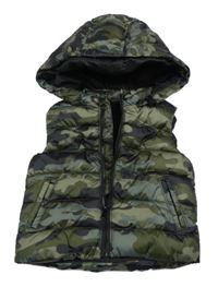 Kaki-sivá army šušťáková prešívaná zateplená vesta s kapucňou