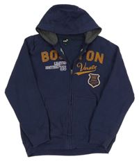 Tmavomodrá prepínaci mikina s nápisom a kapucňou