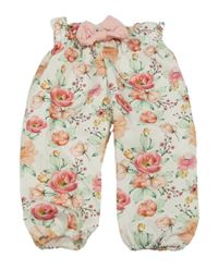 Biele kvetované háremové nohavice s mašlou