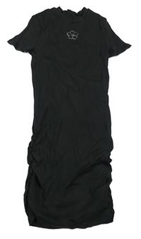 Tmavosivé rebrované dlhé nařasené šaty s kytičkou z kamínků H&M