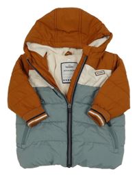 Šedo-medovo-bílá šusťáková prošívaná zimní bunda s kapucí Topomini