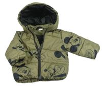 Khaki prošívaná šusťáková zimní bunda s Mickey s kamarády a odepínací kapucí H&M