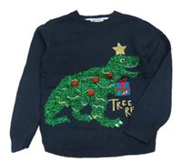 Tmavomodrý sveter s dinosaurom s vánočním motívom H&M