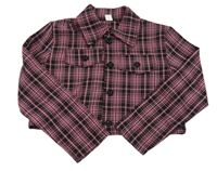 Čierno-ružová kockovaná košeľová crop bunda s nápisom a číslom SHEIN