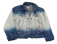 Modro-biela batikovaná rifľová crop bunda s kvetmi a golierikom C&A