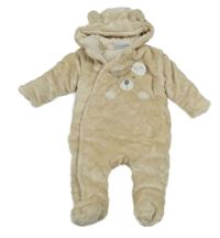 Béžová plyšová zateplená kombinéza s medvedíkom a kapucňou s uškami Topomini