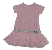 Svetloružové rebrované vzorované pletené šaty s mašlou a trblietkami a tylovymi volániky George