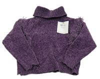 Nové - purpurový melírovaný žinylkový oversize rolák s třásněmi