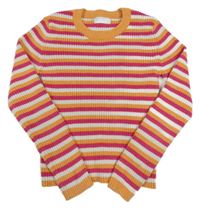 Oranžovo-malinovo-biely pruhovaný rebrovaný žinylkový crop sveter PRIMARK