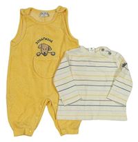 2set - Žluté žebrované sametové laclové tepláky se psem + smetanovo-modro-žluté pruhované triko