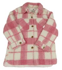 Tmavorůžovo-bílá kostkovaná huňatá zateplená košilová bunda F&F