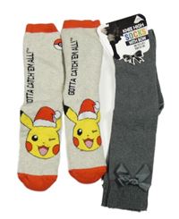 2x ponožky - tmavošedé melírované podkolenky s mašlí + světlešedé melírované s Pikachu