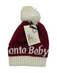 Nové - Tmavočerveno-smetanová pletená čepice s nápisem a bambulí