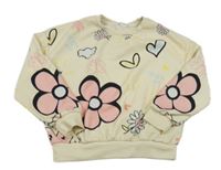 Béžová mikina s kvetinami a srdiečkami Shein