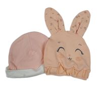2x bavlněná čepice - růžovo-bílá žebrovaná s žirafou + s králíkem